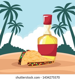 mexican food and tradicional culture with tacos and tequila bottle icon cartoon over the sand with palms and cloud in tropical lanscape vector illustration graphic design