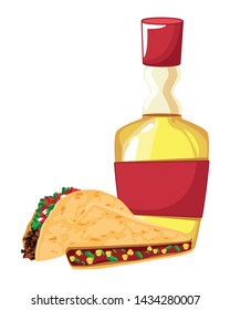 mexican food and tradicional culture with tacos and tequila bottle icon cartoon vector illustration graphic design