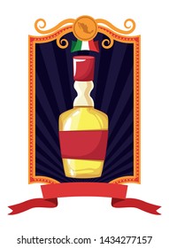 mexican food and tradicional culture with tequila bottle into a frame with ribbon banner and mexican flag icon cartoon vector illustration graphic design