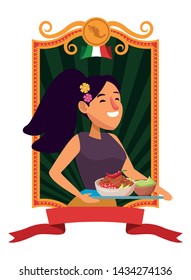 mexican food and tradicional culture with a woman holding a tray with chili, beans and guacamole into a frame with ribbon banner and mexican flag closeup avatar cartoon character portrait vector