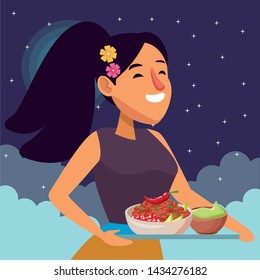 mexican food and tradicional culture with a woman holding a tray with chili, beans and guacamole closeup profile picture avatar cartoon character portrait at night with starry sky with clouds and moon