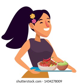 mexican food and tradicional culture with a woman holding a tray with chili, beans and guacamole closeup avatar cartoon character portrait vector illustration graphic design