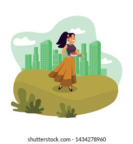 mexican food and tradicional culture with a woman holding a tray with chili, beans and guacamole over the grass with cityscape, skyscraper and clouds vector illustration graphic design