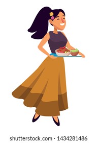 mexican food and tradicional culture with a woman holding a tray with chili, beans and guacamole avatar cartoon character portrait vector illustration graphic design