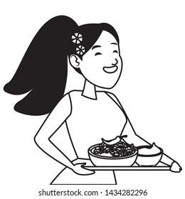 mexican food and tradicional culture with a woman holding a tray with chili, beans and guacamole closeup avatar cartoon character portrait in black and white vector illustration graphic design