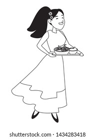 mexican food and tradicional culture with a woman holding a tray with chili, beans and guacamole avatar cartoon character portrait in black and white vector illustration graphic design