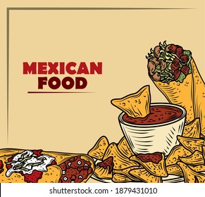 mexican food traditional menu with enchilada burrito tacos, vintage engraved color vector illustration