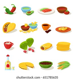 Mexican food traditional menu icon set, delicious recipes to cook, authentic cuisine, festival meal. Vector flat style cartoon illustration isolated on white background