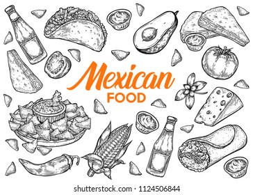 Mexican food traditional vector hand drawn illustration set, menu with nachos, burrito, fajitas, guacomole, avocado, chili pepper, salsa and other ingredients.