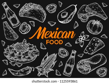 Mexican food traditional vector hand drawn illustration set, menu with nachos, burrito, fajitas, guacomole, avocado, chili pepper, salsa and other ingredients.