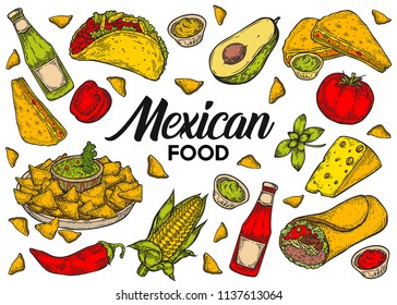 Mexican food traditional vector hand drawn illustration set, menu with nachos, burrito, fajitas, guacomole, avocado, chili pepper, salsa and other ingredients.