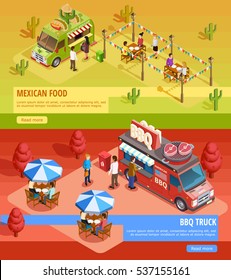 Mexican food truck and bbq bus for fairground holiday party 2 isometric horizontal banners webpage isolated vector illustration 