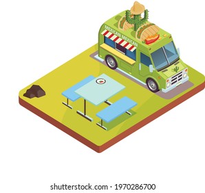 Mexican Food Truck isometric. Street Food Truck concept with merchant character design - vector illustration