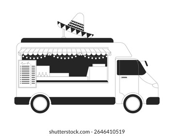 Caminhão de comida mexicano com sombrero e corda luzes objeto de linha 2D. toldo listrado do veículo de Taco, fornecedor de lanche cultural festivo isolado clipart vetor tinta contorno item. Ilustração de ponto monocromático