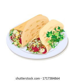 Mexican food. Two burritos on a plate. Vector illustration. Isolated on a white background.