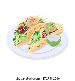 Mexican food. Two tacos on a plate and sauce. Vector illustration. Isolated on a white background.