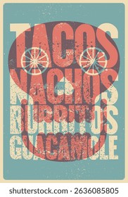 Mexican Food typographical vintage grunge style poster design with skull silhouette. Retro vector illustration.