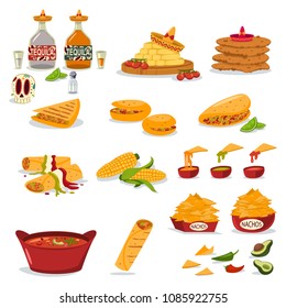 Mexican food vector cartoon flat icon set. Nachos with cheese, tequila bottle, sombrero hat, burrito, chili, corn, sugar skull, taco and avocado illustration isolated in a white background.