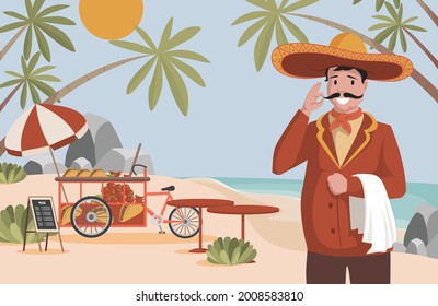 Mexican Food Vector Flat Illustration. Happy Man In Big Mexican Hat Sombrero Standing Near Street Food Truck. Takeaway Restaurant With Tacos, Burritos, And Hot Peppers. Spicy Summer Cuisine Concept.