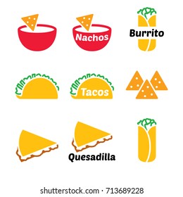 Mexican food vector icon set - tacos, nachos, burrito, quesadilla 
 
Vector icons set of traditional dishes from Mexico isolated on white 