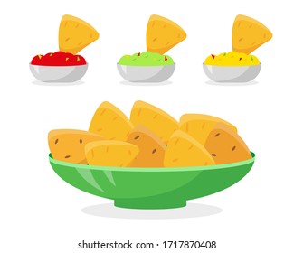 Mexican food vector illustration. Nachos in plate and different sauces for it. Tomato salsa, guacamole and cheese sauce with nachos chips  on white background.