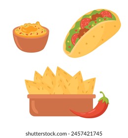 Mexican food vector illustration. Nachos, tacos, guacamole, nachos, salsa, corn chips.