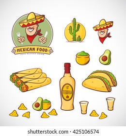 Mexican Food Vector Illustrations Set with Logo Template for Restaurant Menu, Cafe, Meal Delivery. Smiling Man in Traditional Sombrero, Tacos, Burritos, Tequila, etc. Bright Colors. Isolated.