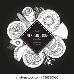 Mexican food vector label. A set of classic mexican dishes with . Food menu design template. Vintage hand drawn sketch vector illustration. Mexican cuisine engraved image.