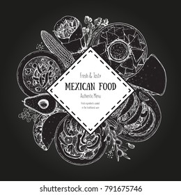 Mexican food vector label. A set of classic mexican dishes with . Food menu design template. Vintage hand drawn sketch vector illustration. Mexican cuisine engraved image.