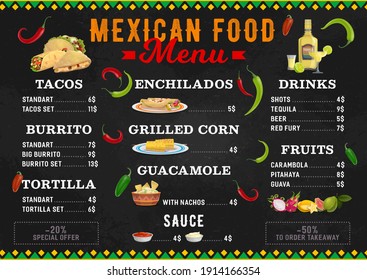 Mexican food vector menu meals tacos, burrito, tortilla and enchiladas with grilled corn and guacamole with nachos. Latin cuisine dishes sauce, tequila, beer and fruits. Cartoon menu of Mexico