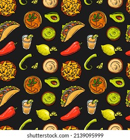 Mexican food vector seamless pattern. Hand drawn beautiful picture with mexican national kitchen