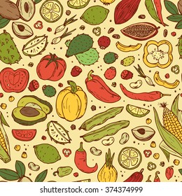 Mexican Food Vector Seamless pattern. Hand drawn doodle Fresh Fruits and Vegetables