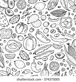 Mexican Food Vector Seamless pattern. Hand drawn doodle Fresh Fruits and Vegetables