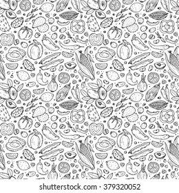 Mexican Food Vector Seamless pattern. Hand drawn doodle Fresh Fruits and Vegetables