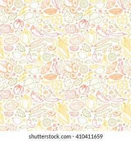 Mexican Food Vector Seamless pattern. Hand drawn doodle Fresh Fruits and Vegetables