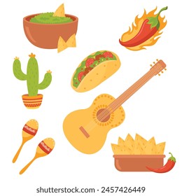 Mexican food vector set. Cinco de mayo, sombrero, guacamole, chili pepper, burrito, nachos, jalapeno, cactus, guitar, tequila, tequila, chilli, tacos.