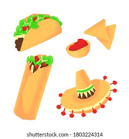 
Mexican food vector set. Tacos, burrito, nachos, salsa, ketchup, Mexican sambrero hat. Traditional national cuisine. Street food. Vector stock illustrations.