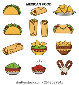 Mexican food vector with Taco, Burrito, Nachos, and isolated.