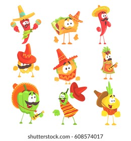 Mexican Food And Vegetables Series OF Cool Cartoon Characters In National Clothes With Guitars And Maracas, Smiling And Dancing