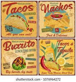 Mexican Food Vintage Vector Poster Collection.Retro Tacos,Nachos,Burrito,Tequila Metal Sign.