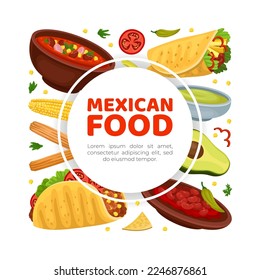 Mexican food w banner template. Mexican traditional food cafe, restaurant, delivery service card, website cartoon vector