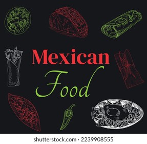 Mexican foods vector. Best Mexican Dishes. Latin american food set illustration.