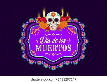 Mexican frame with skull and candle, dead day dia de los Muertos holiday. Vector traditional border with vibrant sugar skull, marigolds and flickering candles symbolizing remembrance and celebration