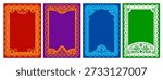 Mexican frames, paper cut party invite template, papel picado hispanic fiesta flyer. Vibrant vector banner adorned with Mexican sombrero, skull, ofrenda, guitar, cacti, and marigolds. Day of the Dead