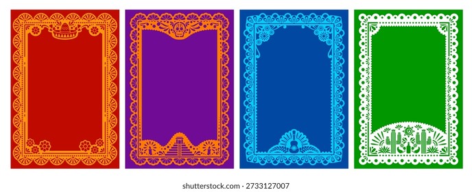Mexican frames, paper cut party invite template, papel picado hispanic fiesta flyer. Vibrant vector banner adorned with Mexican sombrero, skull, ofrenda, guitar, cacti, and marigolds. Day of the Dead