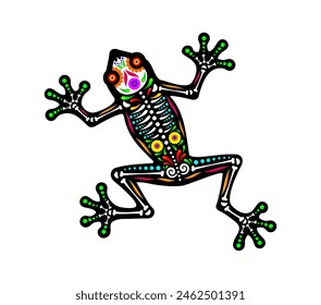 Mexican frog animal tattoo. Isolated vector Dia de los Muertos figure of toad amphibian. Day of the dead frog sugar skull with skeleton bones and floral pattern, symbol of nature, fauna and wild life