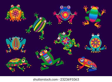 Mexican frogs, cartoon water animal character with vector folk pattern of Mexico. Alebrije frogs set with traditional bright color ornament of tropical flowers, green leaves and geometric motif