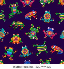 Mexican frogs seamless pattern background with cartoon exotic animals, vector colorful ornament. Mexican or Brazilian Latin pattern with tropical funny cute frogs in alebrije art or floral pattern