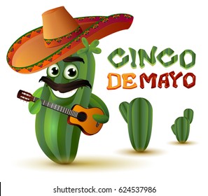 Mexican fun cactus in sombrero plays guitar. Cinco de mayo. Isolated on white vector cartoon illustration