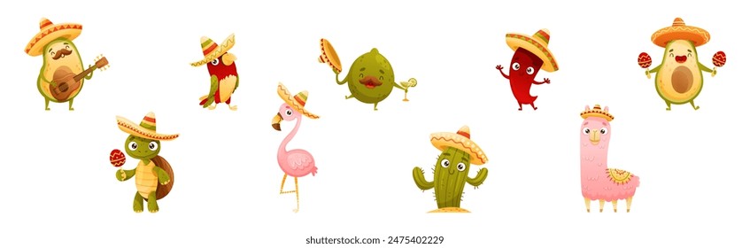 Mexican Funny Character with Cute Face Enjoy Holiday Vector Set